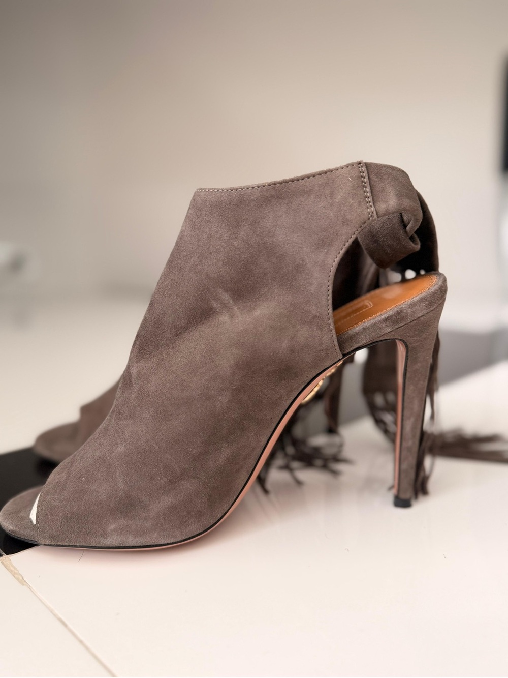 Vero Cuoio Taupe Suede Peep-Toe Stiletto Booties